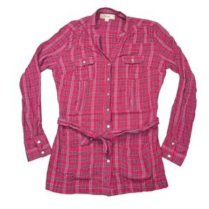 Decree Y2K Plaid Button Up Tunic Shirt Tie Waist Red Grey Sz S